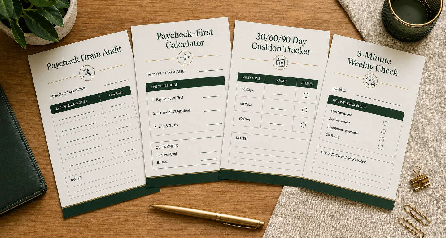 Flat-lay mockup of the tools workbook — Paycheck Drain Audit, Calculator, Tracker, and Weekly Check Card